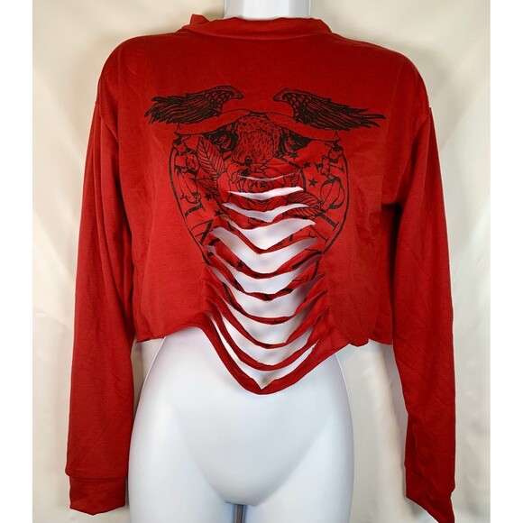 Windsor Red Angel Wings Slashed Long Sleeve Cropped T Shirt Top Women’s Small - Picture 1 of 6